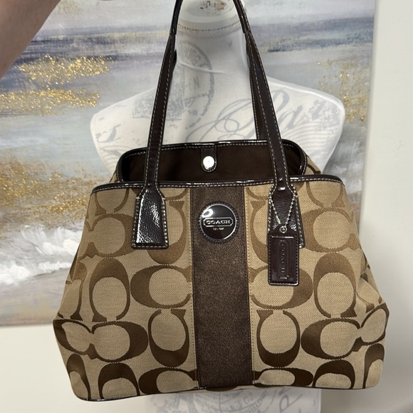 NWOT COACH F17424 Signature Bag, Vintage Tan/Brown Canvas Metallic Trim - Picture 4 of 16